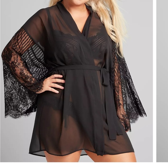 Cacique Lane Bryant Cream Chiffon Sheer Lace Sleeve Robe 18/20 - Picture 2 of 9